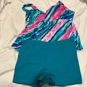 Swimsuits For All Colorful Striped Tankini with Teal Shorts